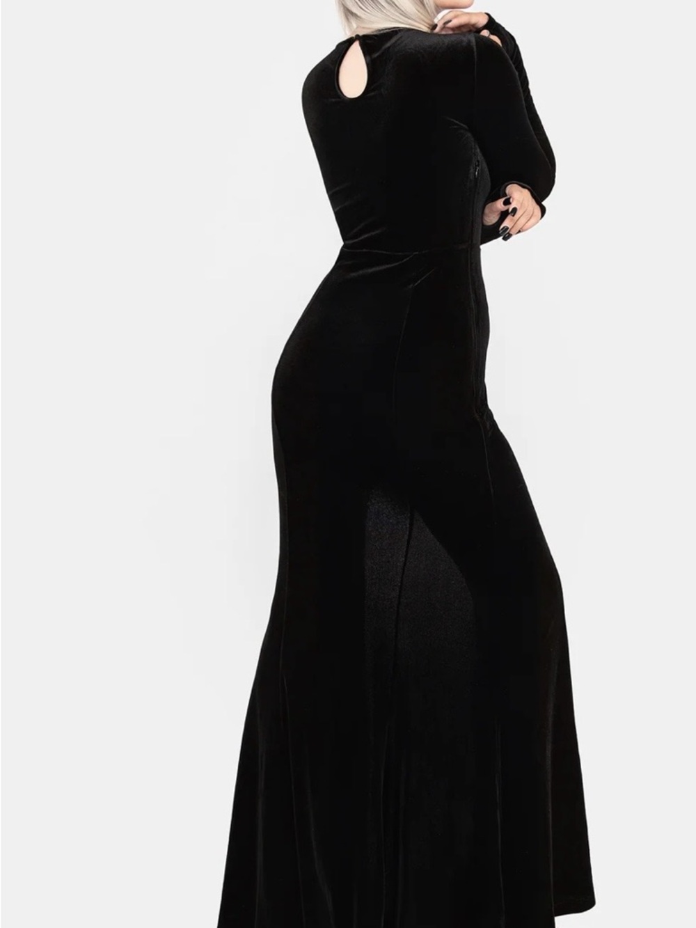 Disturbia Antivenom Black Velvet Long-Sleeve Gown with Thigh Slit - Picture 2 of 10